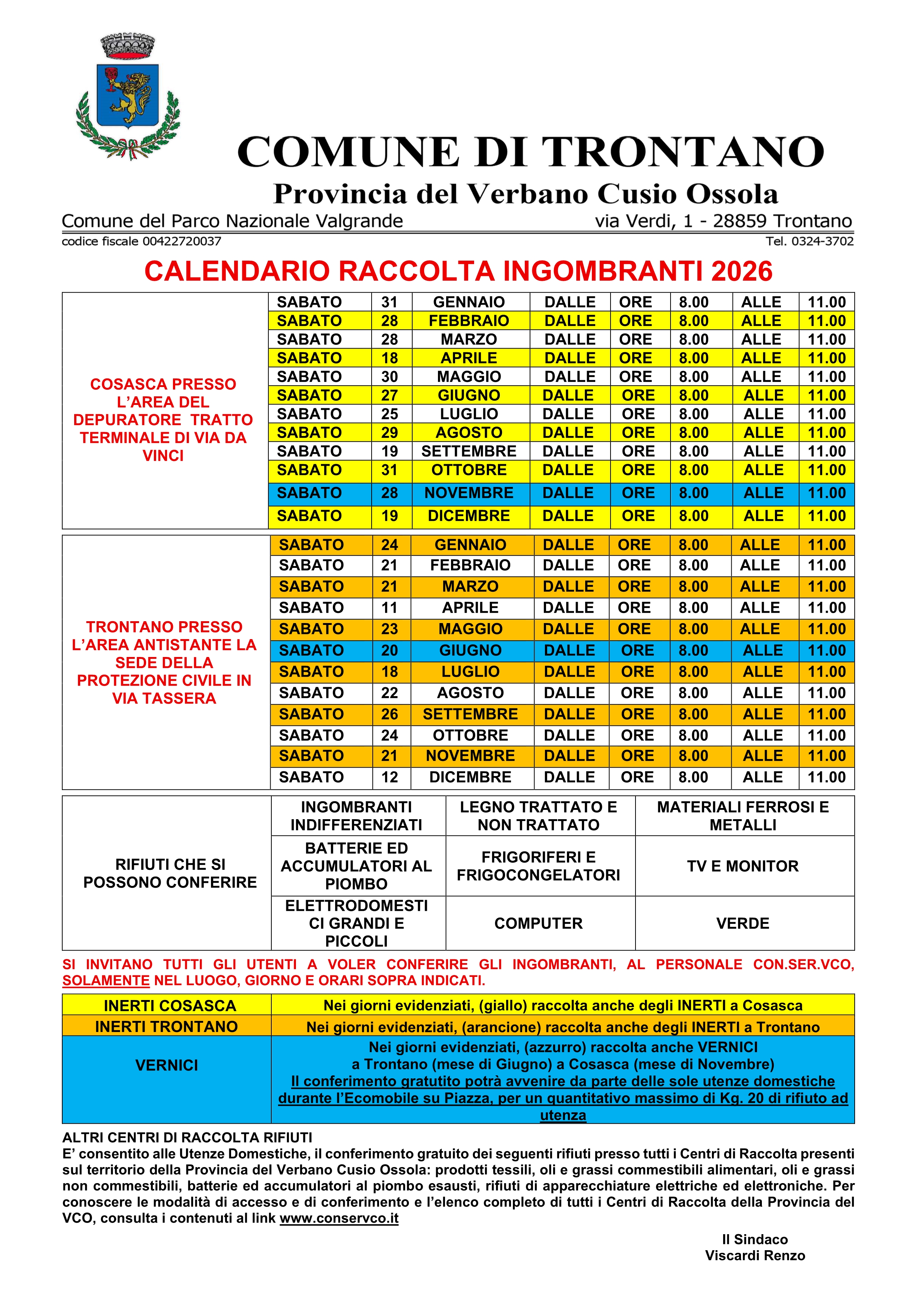 Calendario raccolta Ingombranti 2026